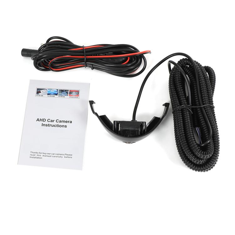 Car front camera kit with black cable harness, camera module, and instruction booklet