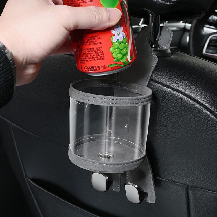 Grey car seat cup holder with clear sleeve and dual hooks holding a can