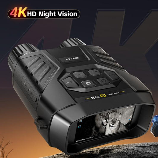 Handheld night vision binocular device at an angle, dark gray with textured side grips