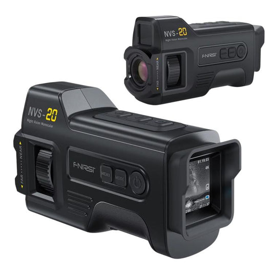 Portable night vision device with large front lens and side control dial, black body.