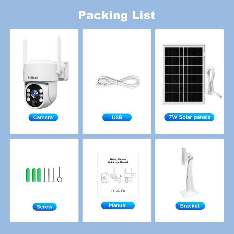 Security camera packing list with camera, USB, 7W solar panel, screws, manual