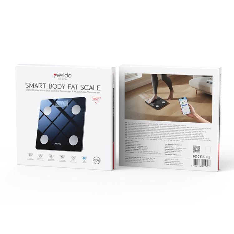 Smart body fat scale retail box with product image and feature icons