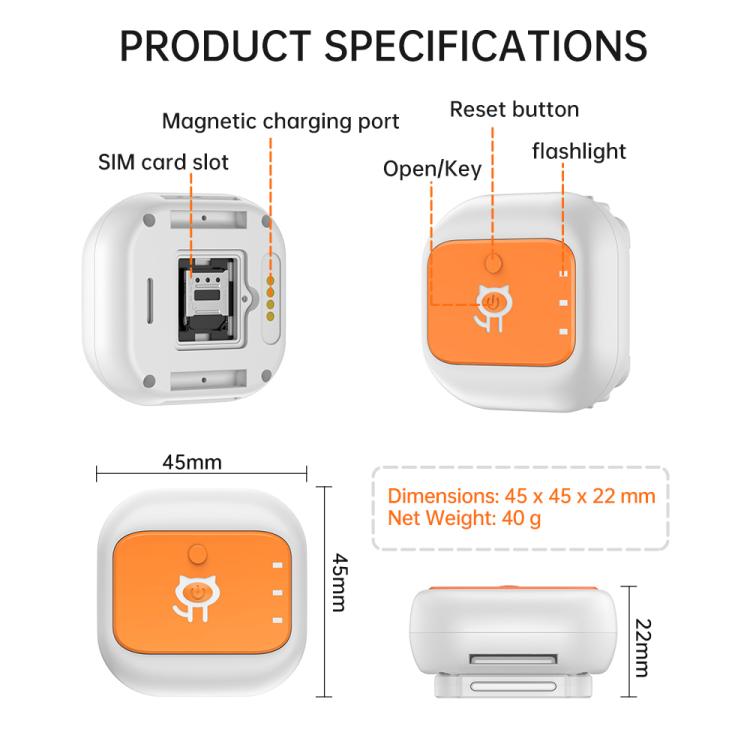 Pet GPS tracker module with orange front and visible charging and SIM reset areas.