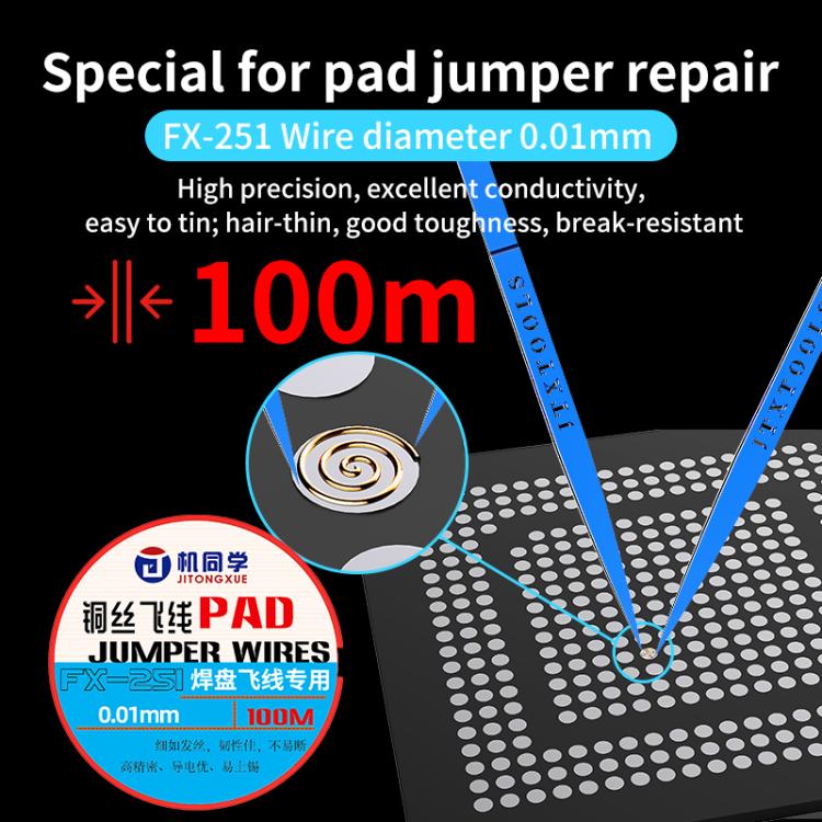 0.01mm pad jumper wire with blue leads, spool detail for pad repair