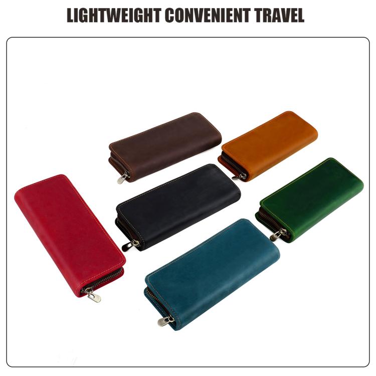 Set of leather zipper pen pouches in red, black, brown, green, and teal