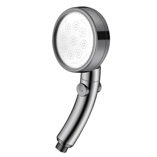 Adjustable handheld pressurized shower head with round spray face, dark gray