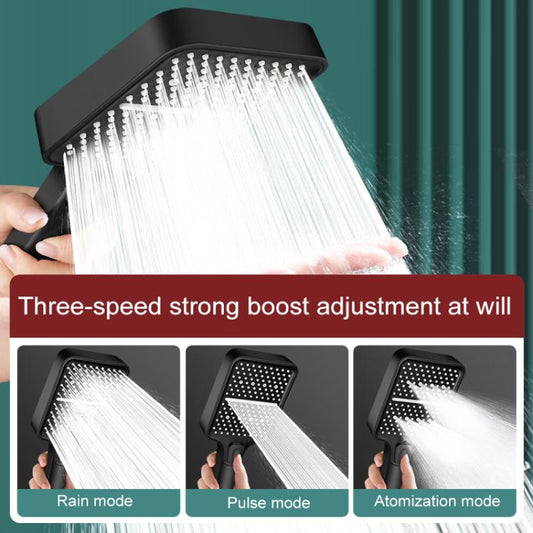 Handheld square shower head spraying dense water streams with side control switch