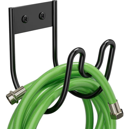 Wall-mounted U-shaped hose hanger with black metal hooks holding a green garden hose