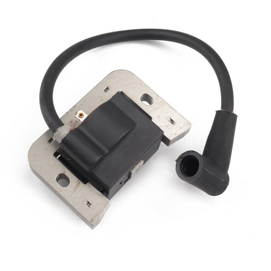 Lawn mower ignition coil module with black wires and two metal mounting tabs