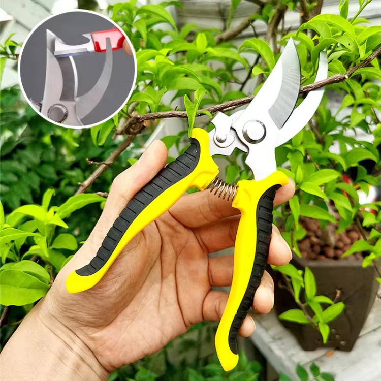 Handheld garden pruners with curved blades and yellow-black non-slip handles