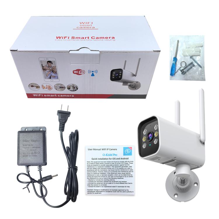 Boxed WiFi smart security camera kit with white PTZ bullet camera and accessories