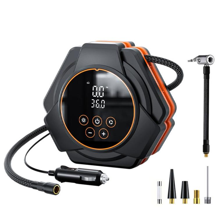 Triangular electric tire inflator with digital display, hose, and included nozzles