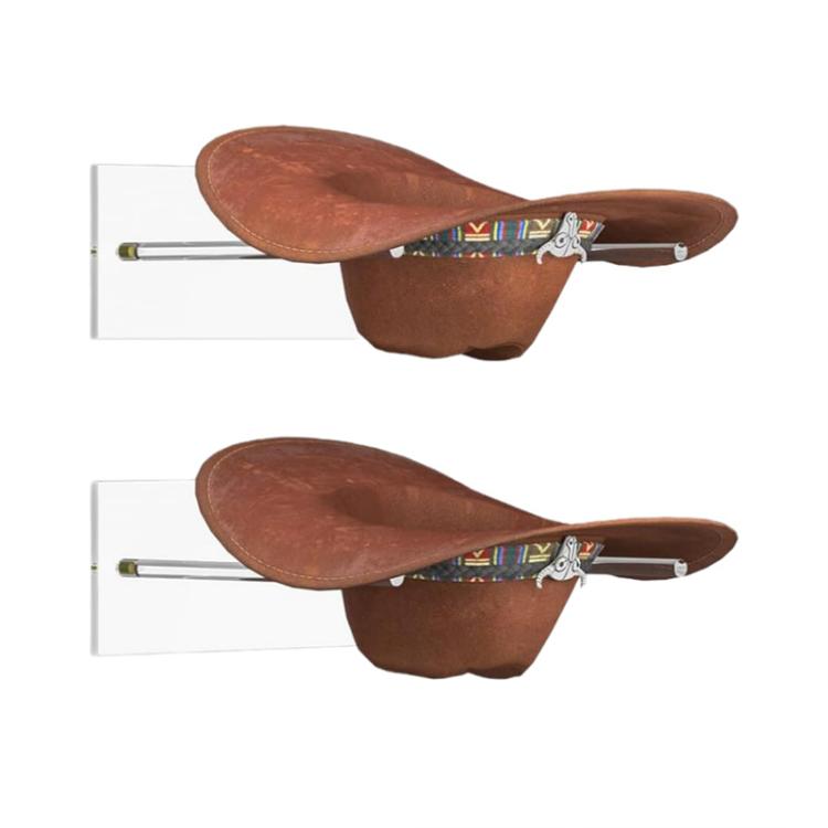 Wall-mounted clear acrylic hat rack displaying two brown cowboy hats