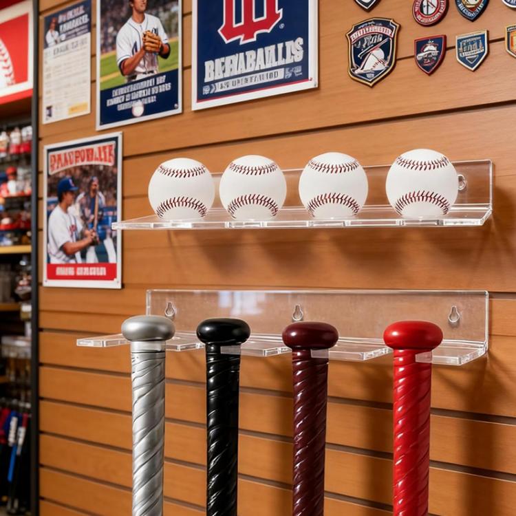 Clear acrylic wall-mounted rack displaying baseballs on top and bat handles below
