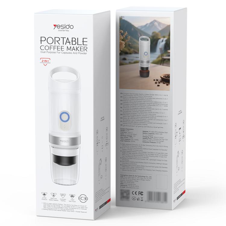 Portable coffee maker product box showing white electric machine and packaging details