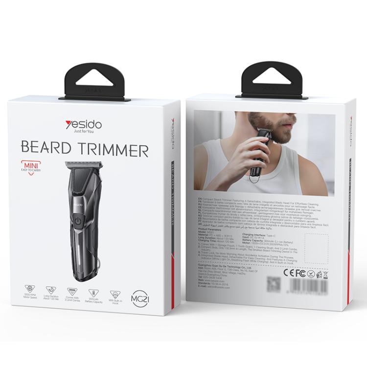 Beard trimmer retail box set showing product image and use photo