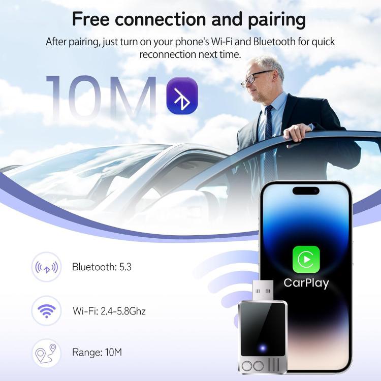 Wireless CarPlay converter with USB port, LED indicator, and paired phone display