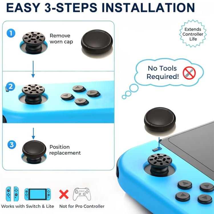 Black joystick thumb grip cap positioned for installation on a blue controller thumbstick
