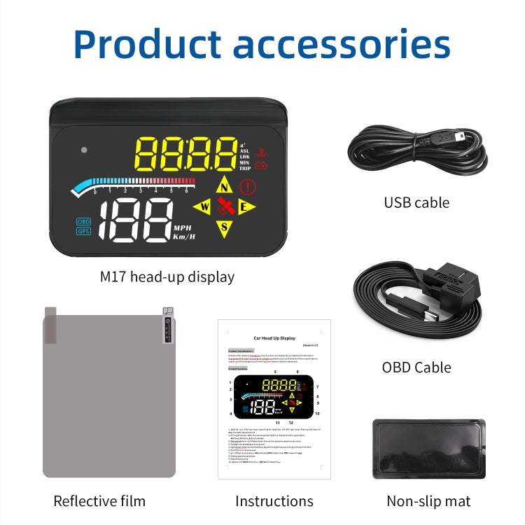 M17 HUD head-up display kit with reflective film, USB cable, OBD cable, and non-slip mat