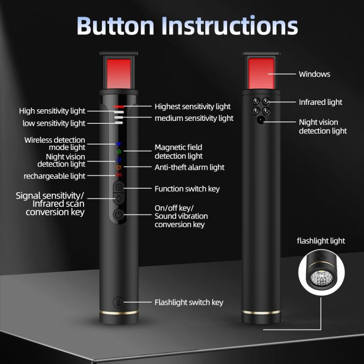 Portable infrared detector with labeled function buttons and flashlight LED