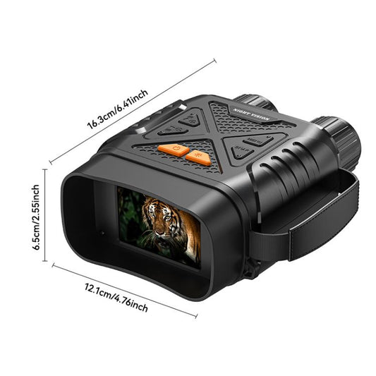 Black night vision binocular device with display screen showing an animal