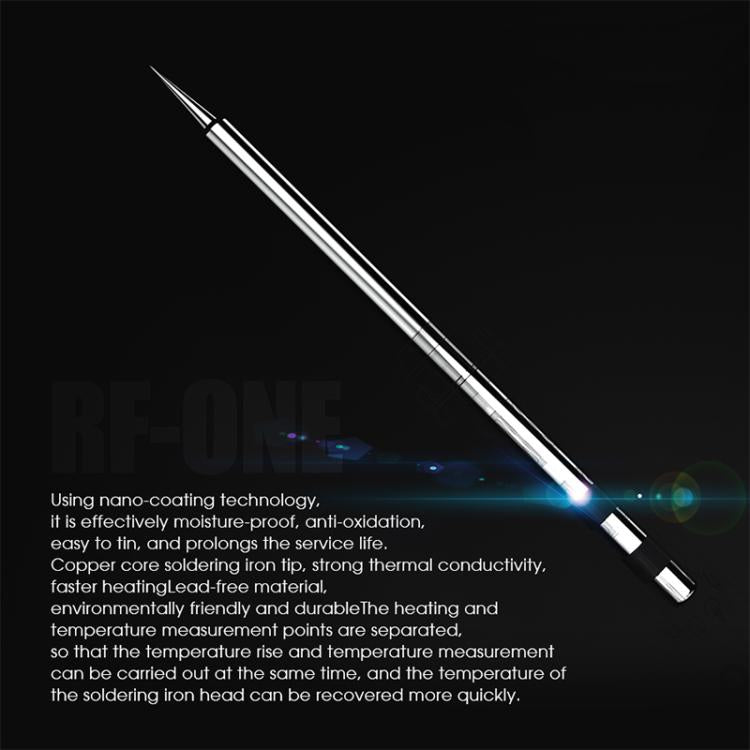 Soldering iron with long metal tip and blue heating glow