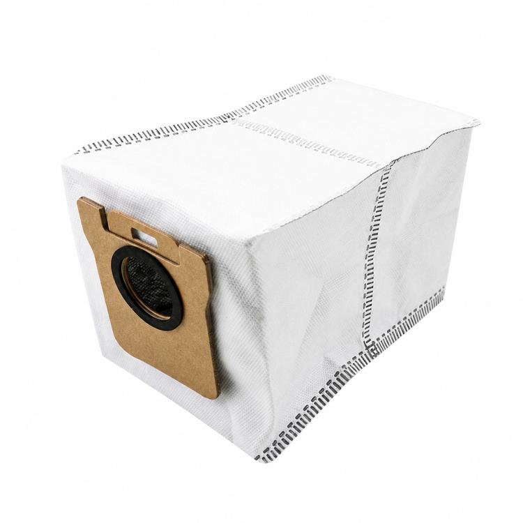 Folded white dust bag with brown filter frame and circular opening for robot vacuum