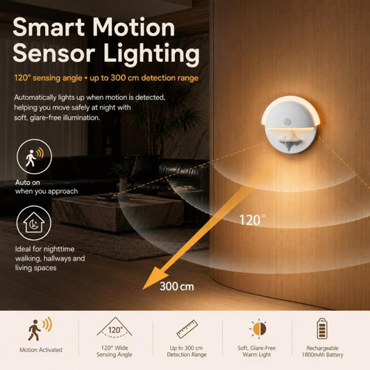 Round motion sensor night light on wall with warm LED glow