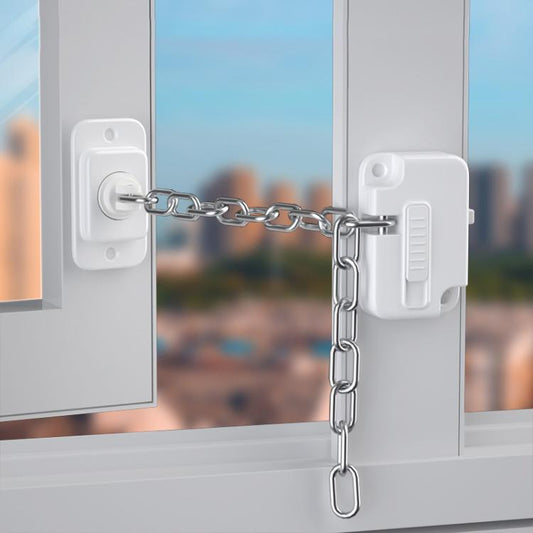 Child safety chain door and window limiter with white mounts and silver metal chain