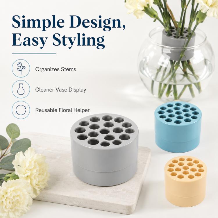 Plastic flower stem holders in grey, blue, and beige cylindrical designs with round holes