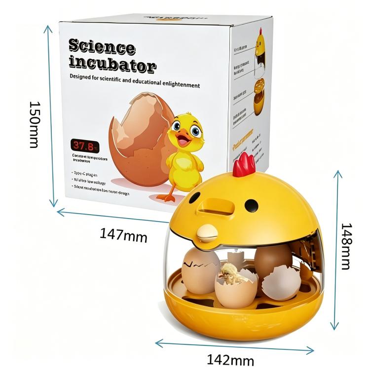 Yellow mini science incubator with clear lid and eggs inside, red hatch button