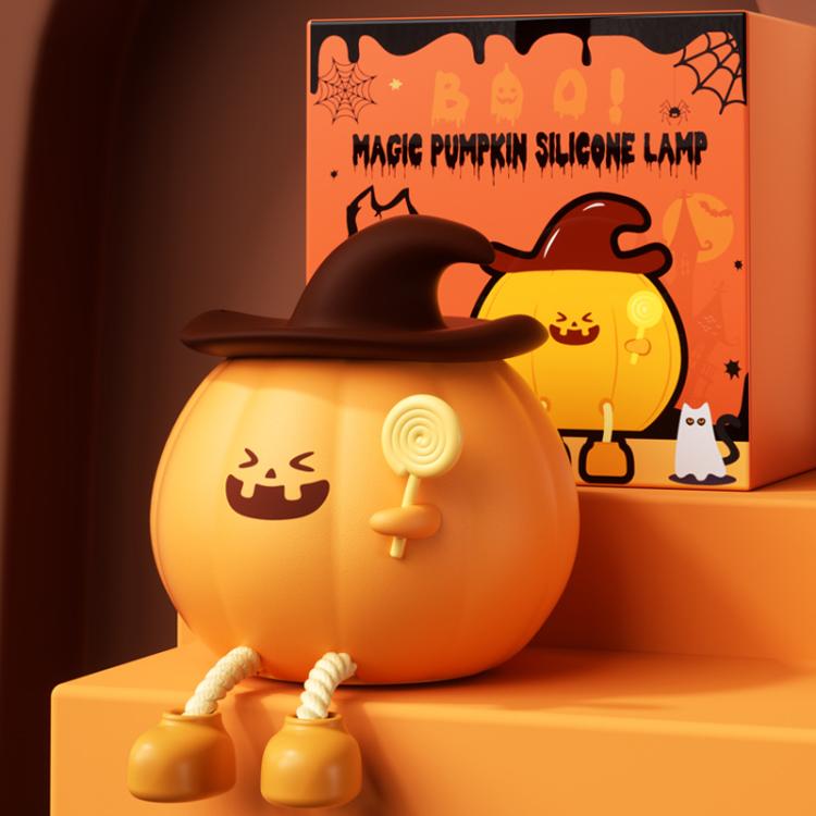 Magic pumpkin silicone night light with witch hat, glowing warm light