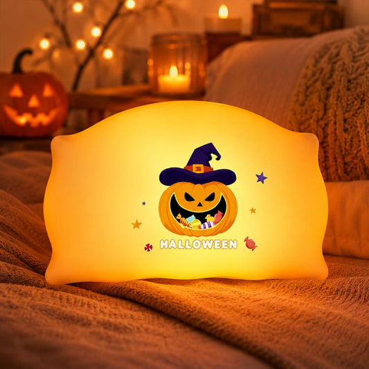 Glowing pumpkin jack-o'-lantern witch-themed pillow night light
