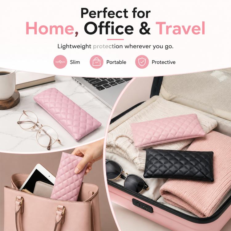 Quilted PU leather glasses pouches, pink and black, slim open-top storage for travel
