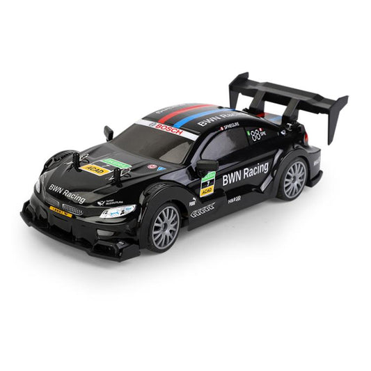 Black remote control drift car with rear spoiler and racing decals