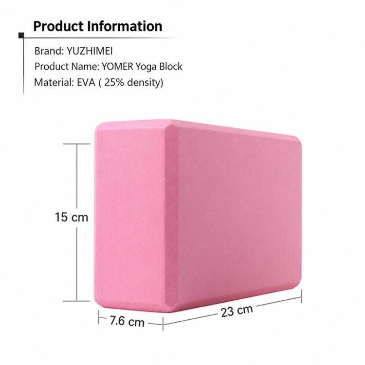 Pink yoga block shown with measurement lines for size details