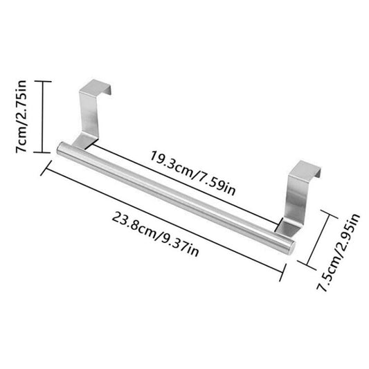 Stainless steel towel rack with measurement guide showing compact over-door size