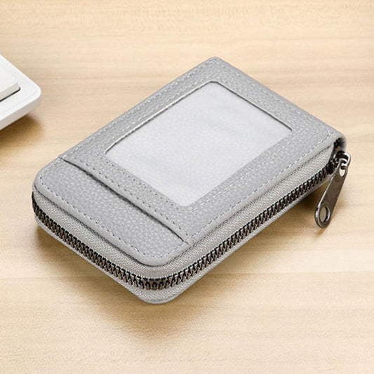 Light gray PU leather card bag with clear ID window and zip closure, pebbled texture