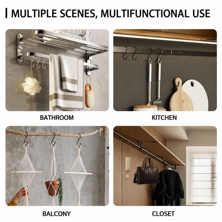 Black iron S hooks shown in bathroom, kitchen, balcony, and closet storage scenes