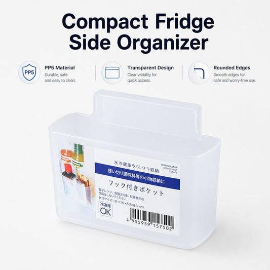 Clear white compact fridge side organizer bin with rounded edges and label front