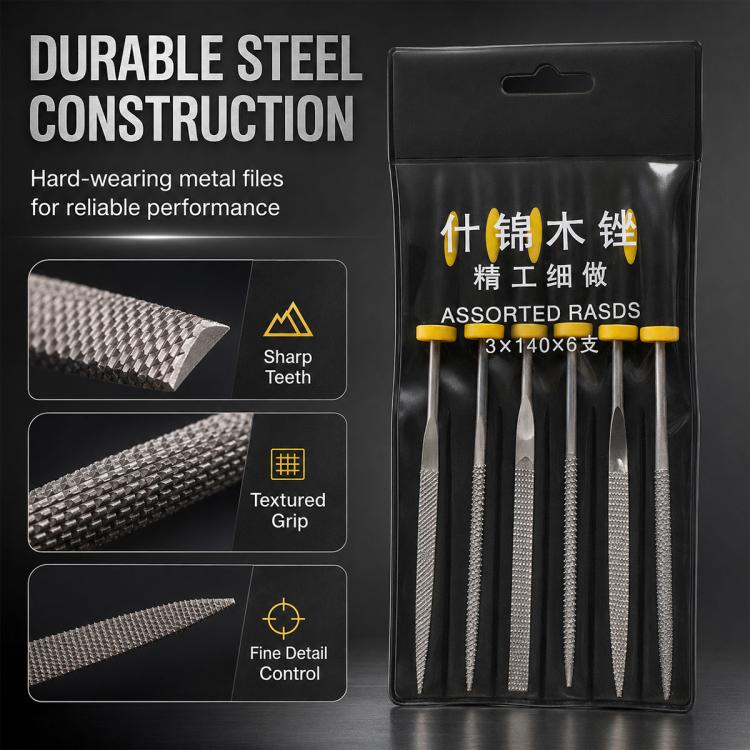 Durable steel rasp file set, black pouch holding six textured metal files