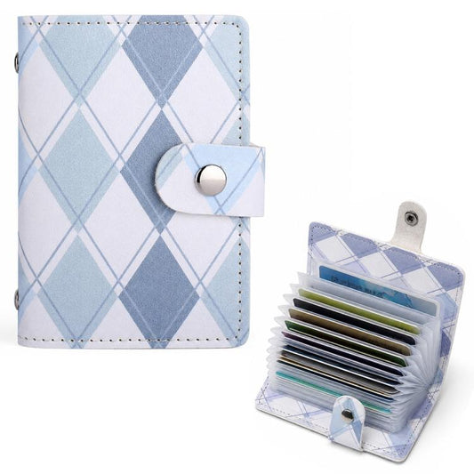 Plaid PU leather card wallet with snap closure and stitched edges