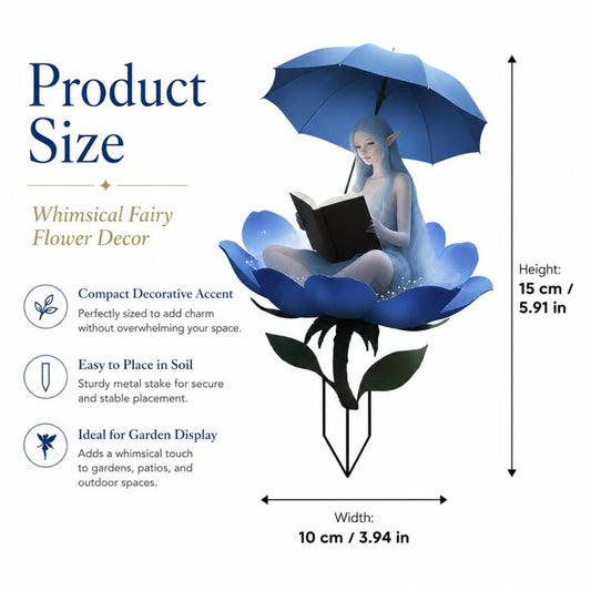 Decorative garden stake with blue fairy reading under umbrella above flower petals
