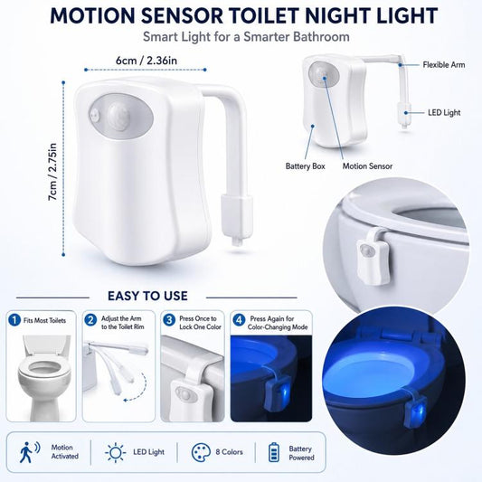White motion sensor toilet night light with flexible arm and sensor head