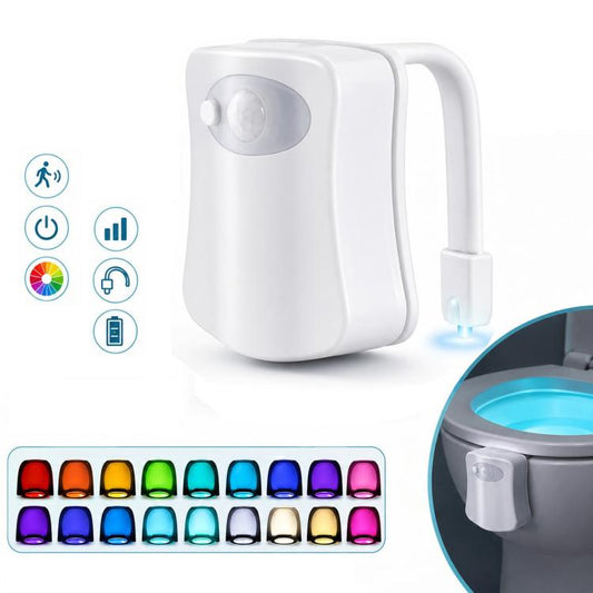 White motion sensor toilet bowl night light with flexible arm and LED glow