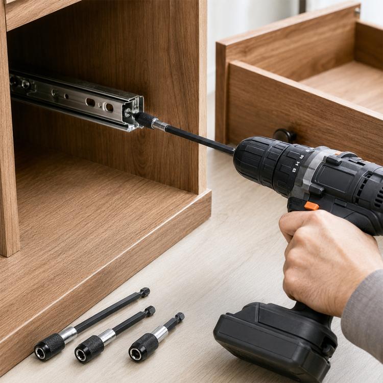 Hex drill driver extension conversion bit set with three quick-connect pieces