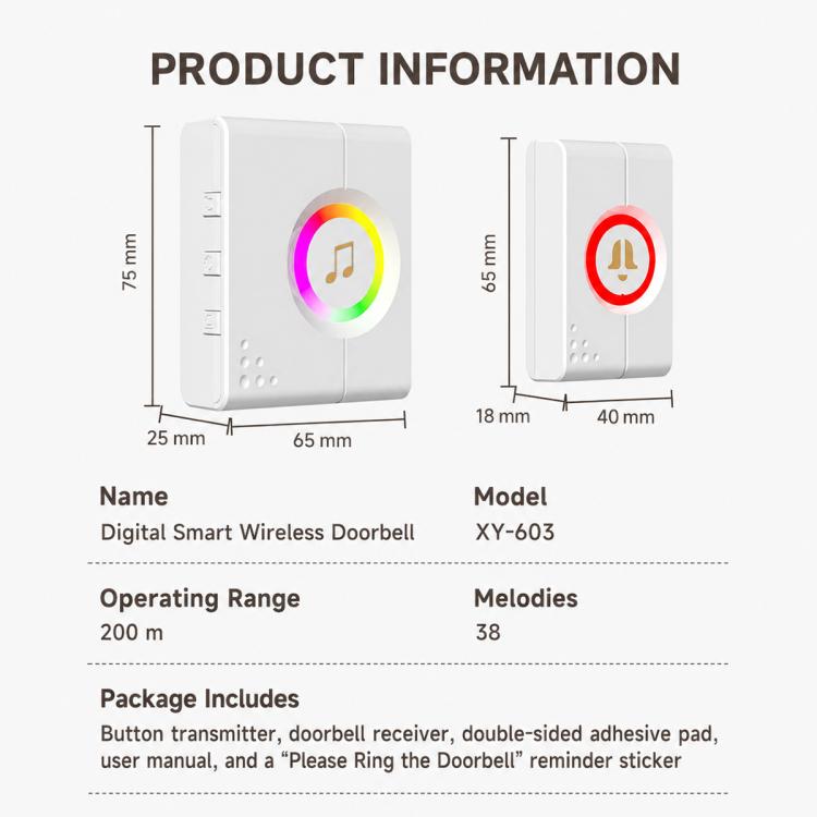 Doorbell receiver product info with dimensions and included items list