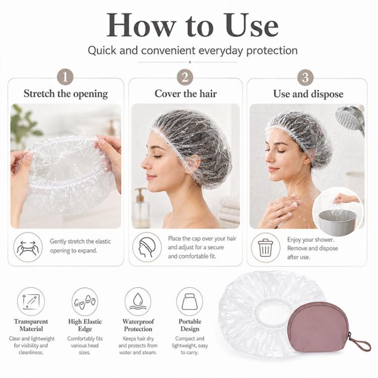 Disposable shower cap usage steps, cap stretched to cover hair then disposed
