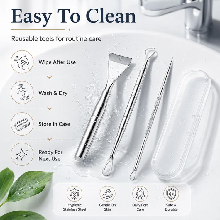 Stainless steel blackhead scraper and U-shaped needle set with clear storage case