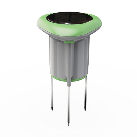 Smart solar soil sensor stake with green top cap and gray canister, three metal probes